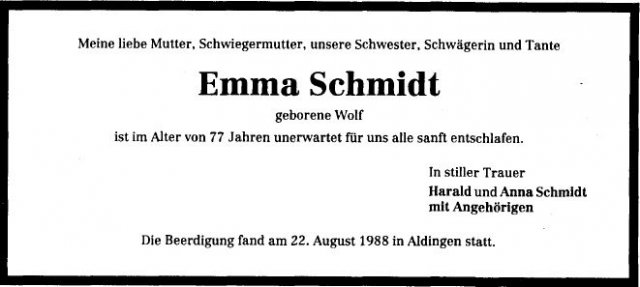 Wolf Emma 1910-1988 Todesanzeige